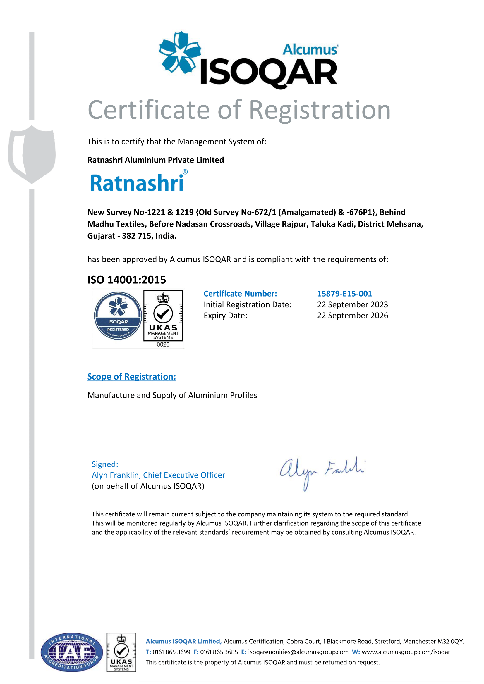 ISO Certificate 14001 - Ratnashri Aluminium