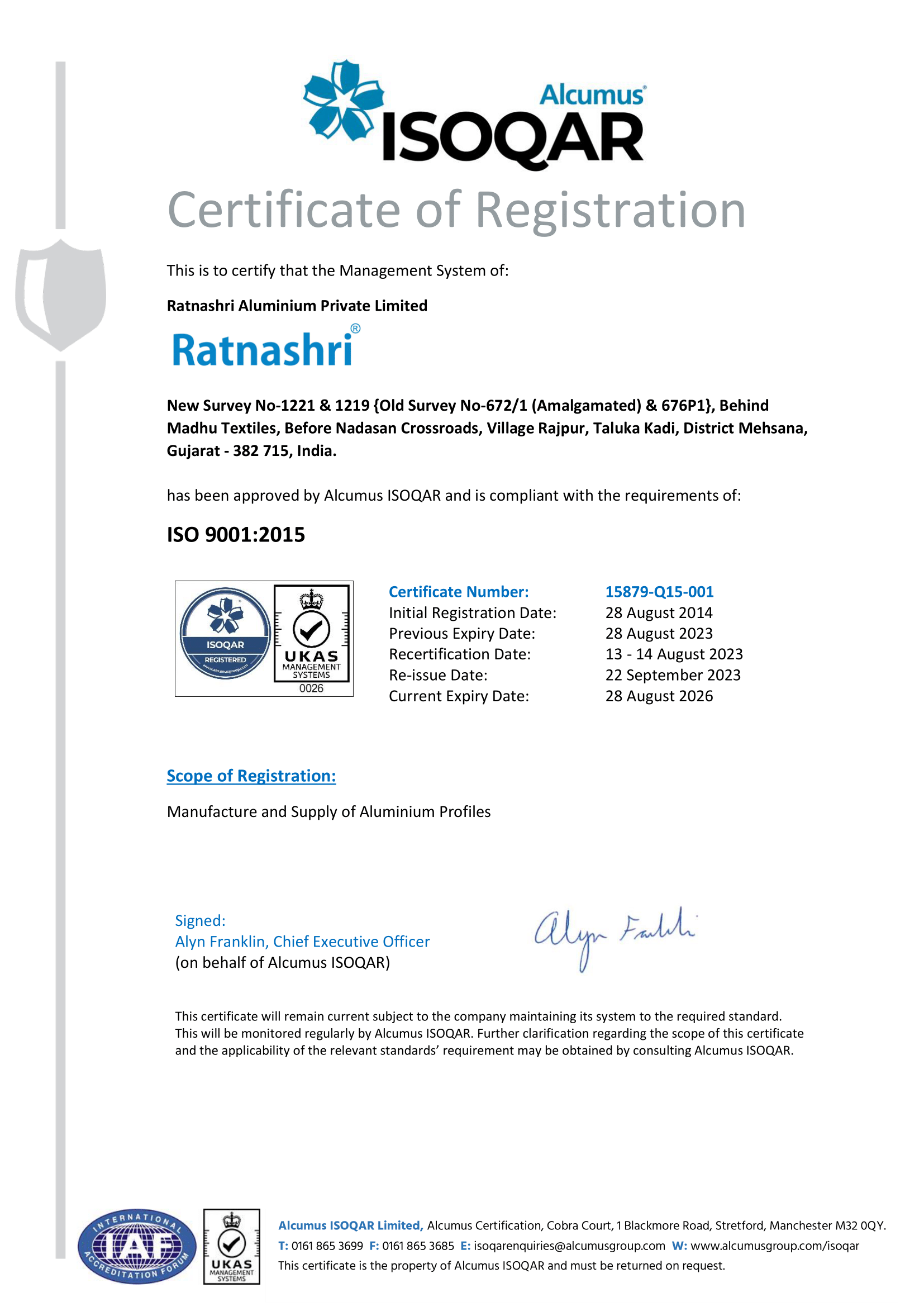 ISO Certificate 9001 - Ratnashri Aluminium